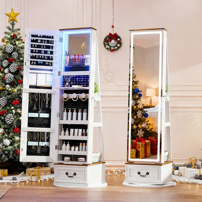 LVSOMT LED Mirror Jewelry Cabinet Standing, 360°Swivel Jewelry Armoire by DecorateHomeatEase
