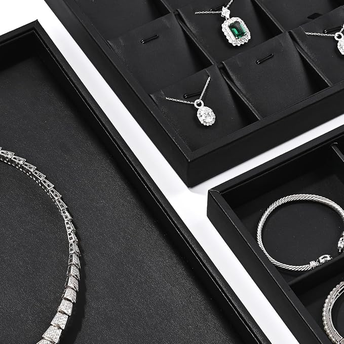 Black PU Leather Jewelry Display Flat Tray Ring Necklace Watch Organizer - Image 7