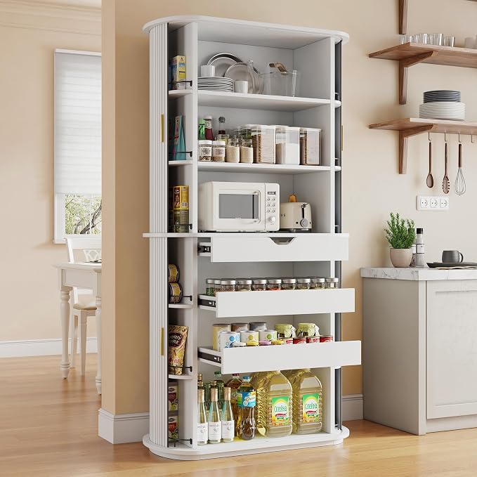 iPormis Kitchen Pantry with Sliding Doors, Tall Modern Curved Pantry Storage by iPormis