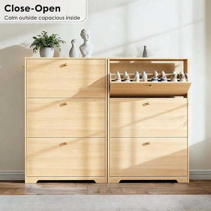Nicetree Shoe Cabinet with 3 Flip Drawers, Entryway Storage, Natural Oak | - Image 6