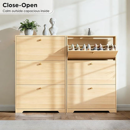 Nicetree Shoe Cabinet with 3 Flip Drawers, Entryway Storage, Natural Oak | - Image 6