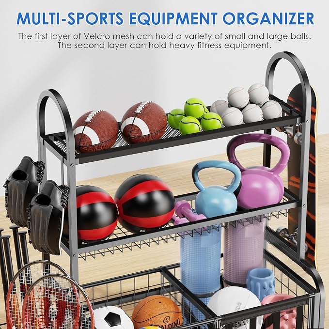Garage Ball Storage, 2 in 1 Sports Equipment Organizer, Garage Organizer - Image 4