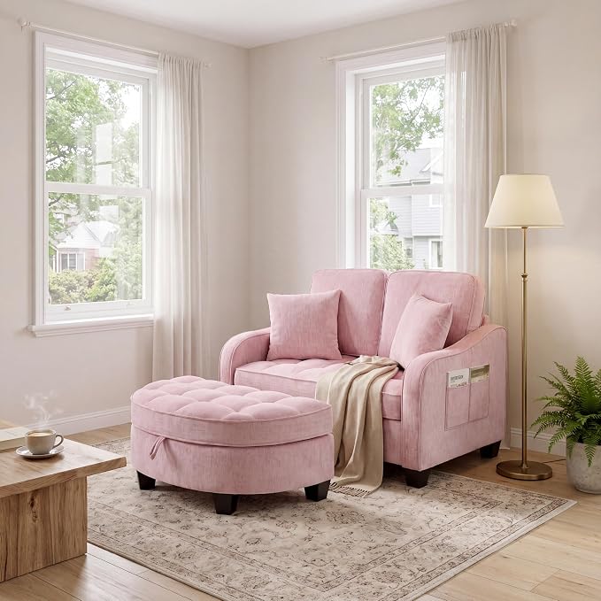 ERYE Chenille Tufted Loveseat Sofa and Ottoman Set, Tufted Recliner Sleeper - Image 4