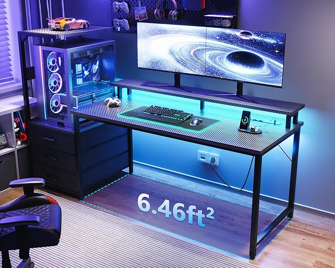 AODK 63 inch Gaming Desk with PC Display Stand, Reversible Steel Wood Computer - Image 2