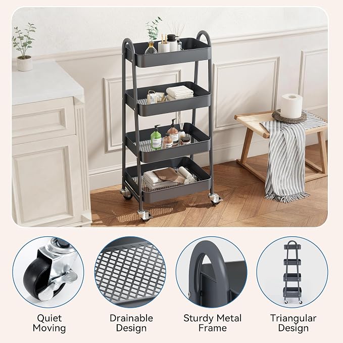OLIXIS Metal 4 Tiers Utility Rolling Cart, Mobile Storage Shelf - Image 2