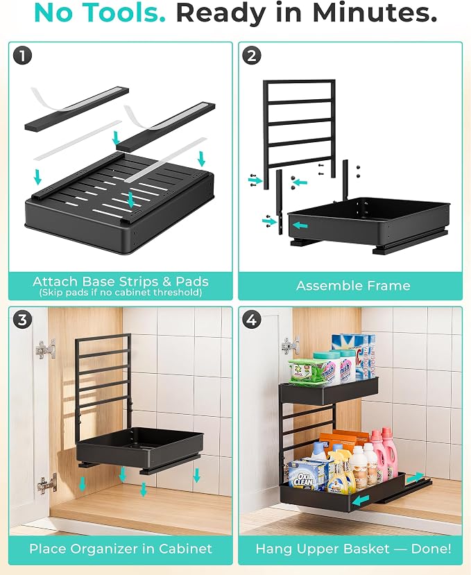 EVERIE Height Adjustable 2 Tier Metal Pull Out Slide Shelf Organizer - Image 7