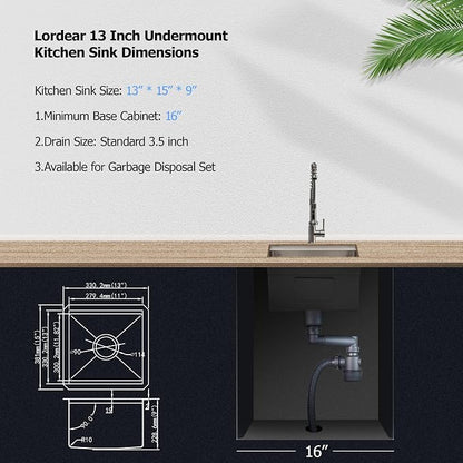 Lordear Undermount RV Kitchen Sink 13x15 Inch Bar Prep Sink 16 Gauge Stainless - Image 8