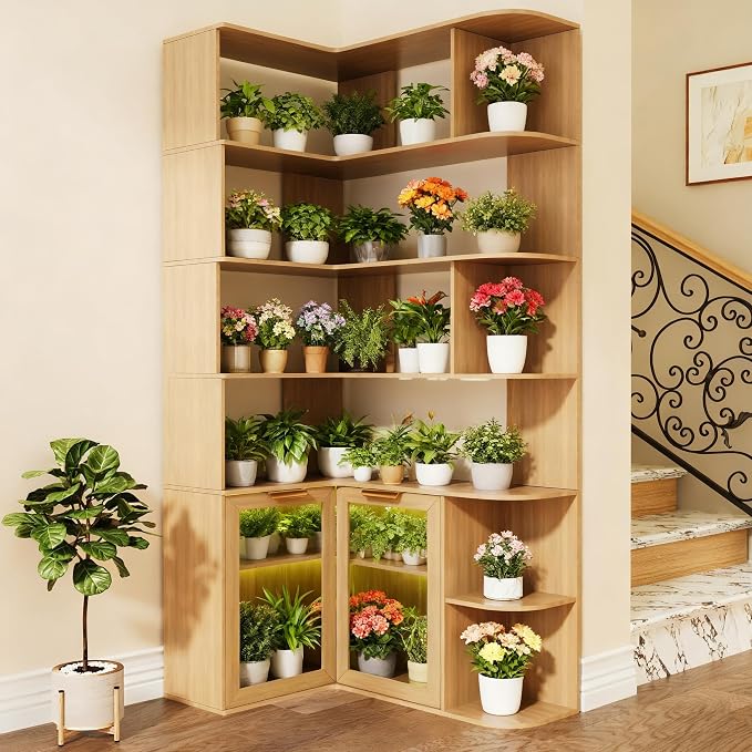 Corner Shelf with Storage Cabinet, 7-Tier Corner Bookshelf, Farmhouse L Shaped - Image 6