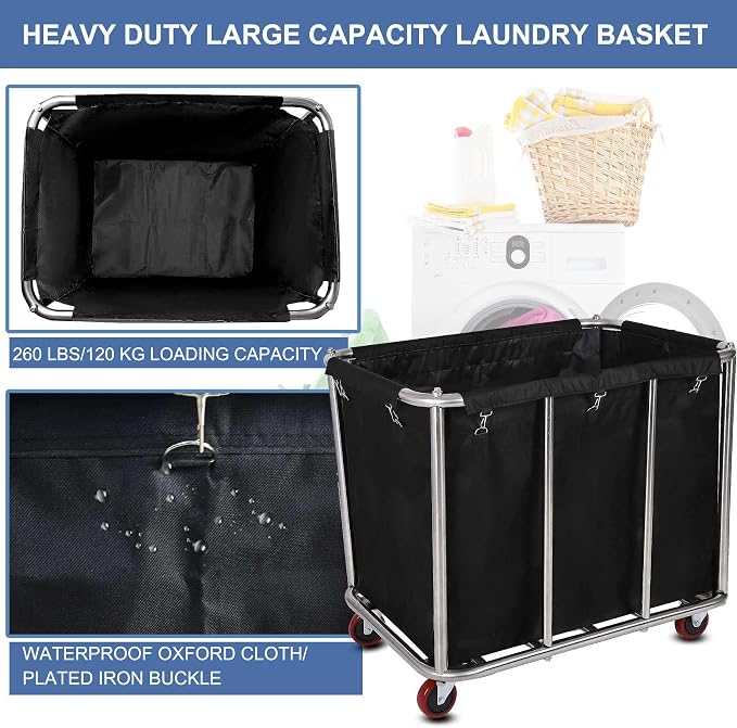 Large Laundry Cart with Wheels, Commercial Stainless Steel Heavy Duty Service - Image 5