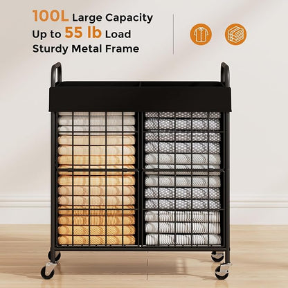 2 Section Laundry Hamper with Wheels and Brake, 100L Laundry Sorter Cart with 2 - Image 3