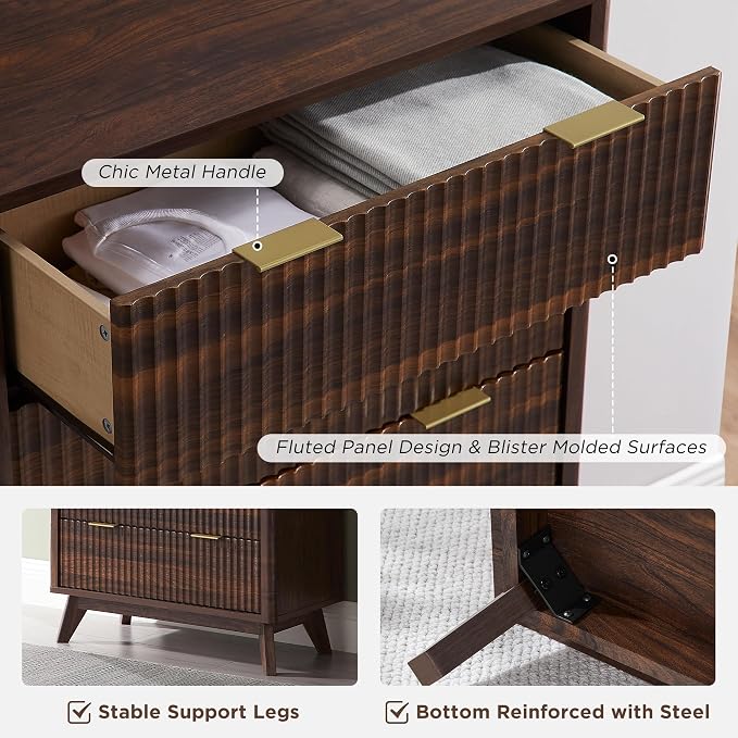 T4TREAM Fluted 5 Drawers Dresser, Curved Profile Design, Wood Drawer Organizer - Image 6