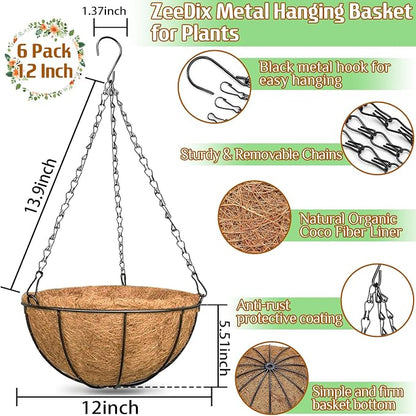 6 Pack 12 Inch Metal Round Hanging Planter Basket - Image 2