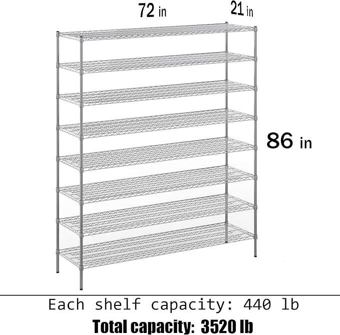 21" Deep x 72" Wide x 86" Height Wire Shelving Kit | 8-Tier | NSF Commercial - Image 3
