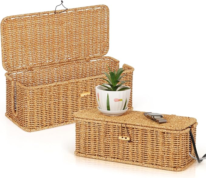 Cable Management Box, Handwoven Faux Rattan Cord Organizer Box by Tohiasen