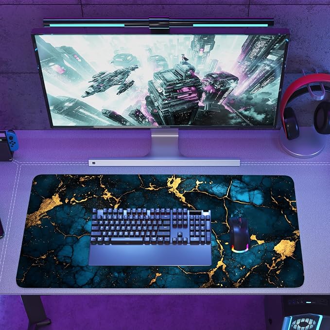 Blue Marble Gold Vein Mouse Pad – Large Extended Desk Mat 35.43 x 15.75 in – - Image 8