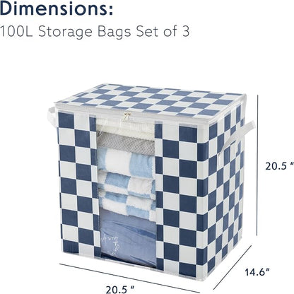 Navy Blue Checkered Clothes Storage Bins, 100L Large Blanket Storage Bags 3 Pack - Image 2
