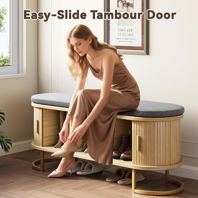 Decofy Shoe Storage Bench with Cushion and Sliding Doors, 47.2 Inch Shoe Bench - Image 4