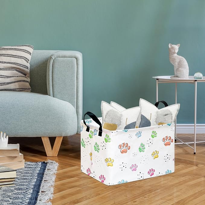 Baby Storage Basket, Colorful Dog Paw Print, Waterproof Lining, Leather Handles - Image 3