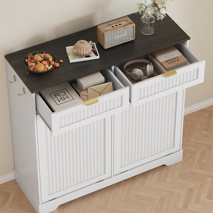 2x13 Gallons Double Tilt Out Trash Can Cabinet, Wooden Fluted Trash Garbage Can - Image 3