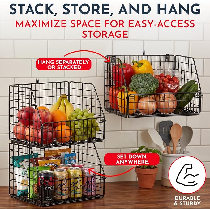 3x Stackable Hanging and Counter Baskets, Hanging Fruit Baskets - Image 2