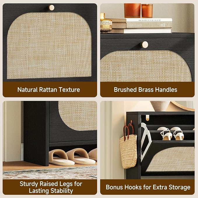 Nicetree Shoe Storage Cabinet for Entryway, Rattan Vintage Flip Shoe Rack- 4 - Image 8