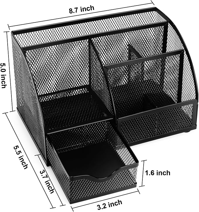 Comix Mesh Pen Pencil Holder Desk Organizer, 7 Compartment Wire Desktop Pen - Image 2