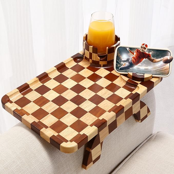 Couch Arm Table, Checkered Carbonized Rubber Wood Sofa Armrest Tray, 3-in-1 by Acanacle