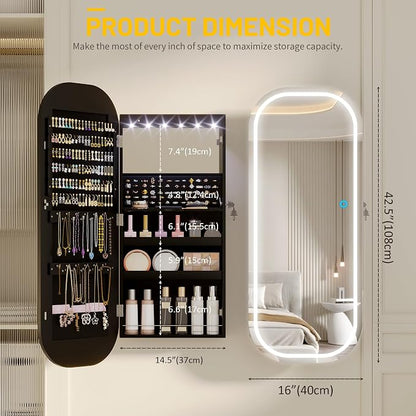 LVSOMT LED Mirror Jewelry Cabinet, Wall/Door Mount Jewelry Mirror Organizer - Image 6