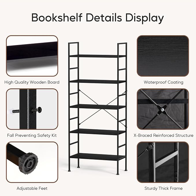 HealSmart 5 Tier Bookshelf, Free Standing Book Shelf Home Office Bookcase Shelf - Image 5