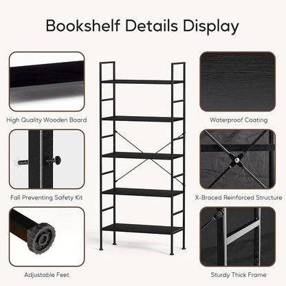 HealSmart 5 Tier Bookshelf, Free Standing Book Shelf Home Office Bookcase Shelf - Image 5