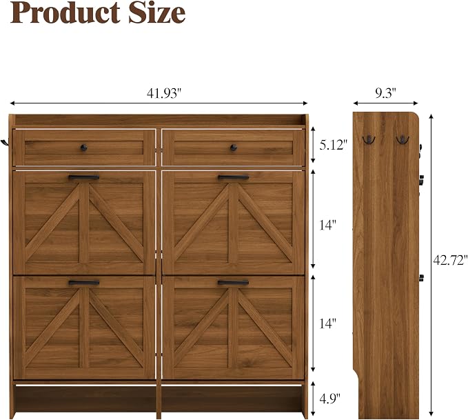 Thacuok Shoe Cabinet with 4 Flip Drawers & 2 Storage Drawers, Rustic Farmhouse - Image 2