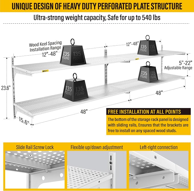 2-Pack 2 Tier 1.3x4ft Garage Shelving Wall Mounted, 15.6x48inch per Shelf - Image 3