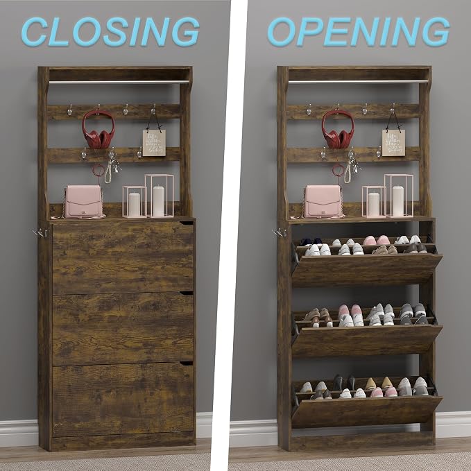 BORNOON Shoe Cabinet with 3 Flip Drawers & Coat Rack, Narrow Hidden Shoe - Image 5