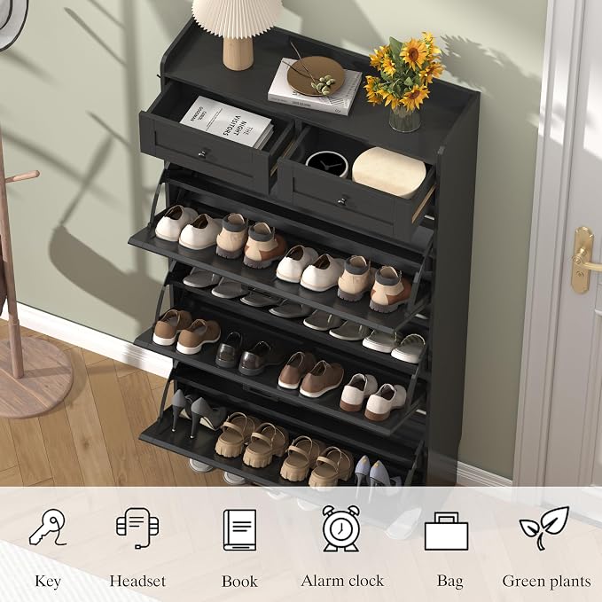 Thacuok Shoe Cabinet with 3 Flip Drawers & 2 Storage Drawers, Rustic Farmhouse - Image 5