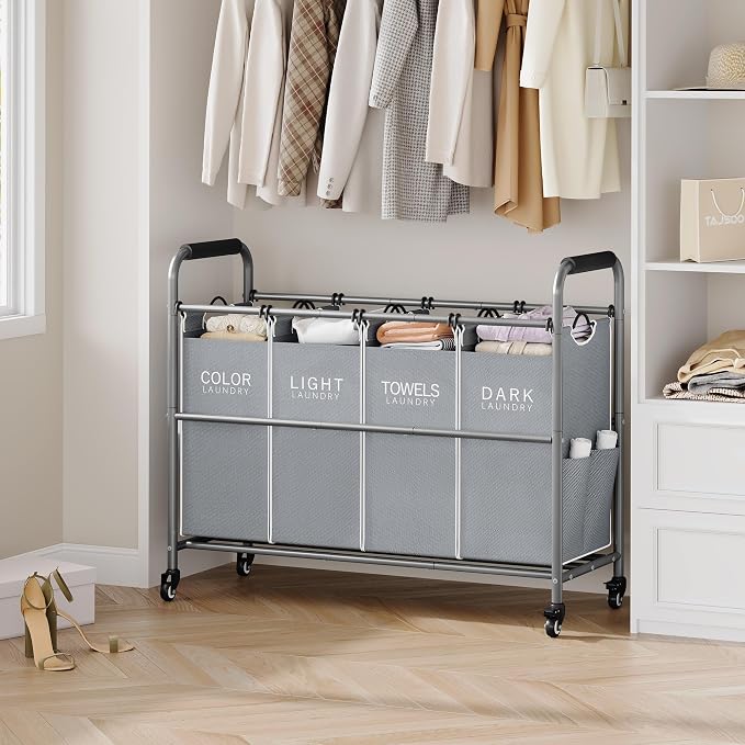 Tajsoon 4 Bag Laundry Sorter Cart, 4 Section Laundry Hamper Sorter - Image 8