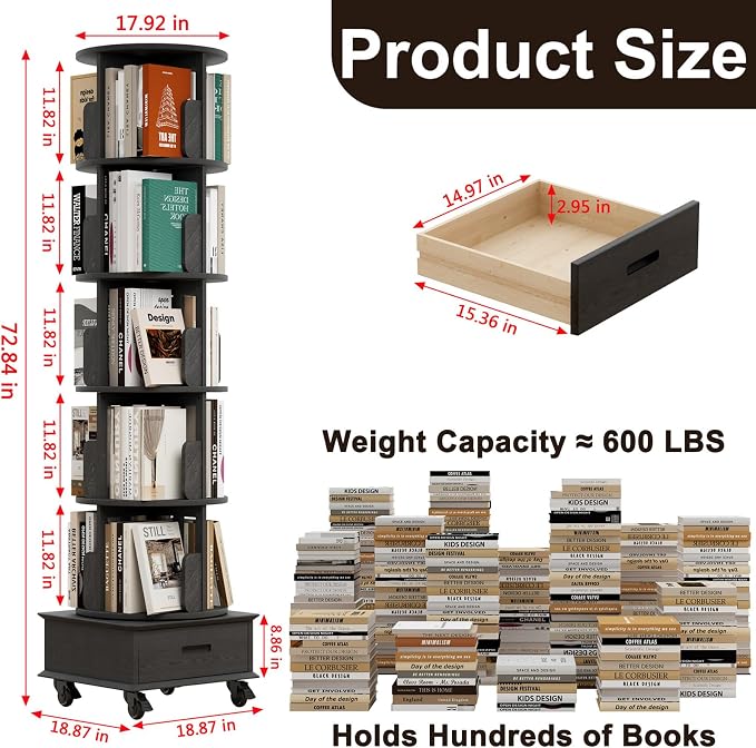 Solid Wood Rotating Bookshelf Tower on Wheels, 5-Tier Spinning Bookcase - Image 2