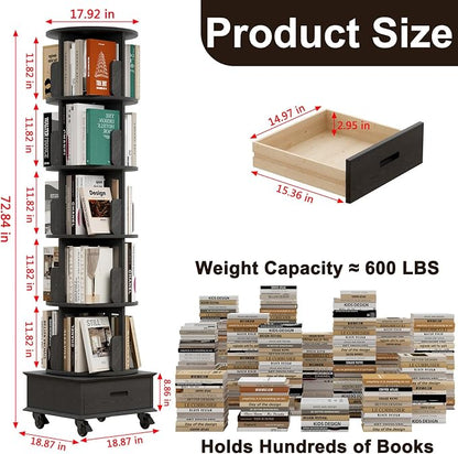 Solid Wood Rotating Bookshelf Tower on Wheels, 5-Tier Spinning Bookcase - Image 2