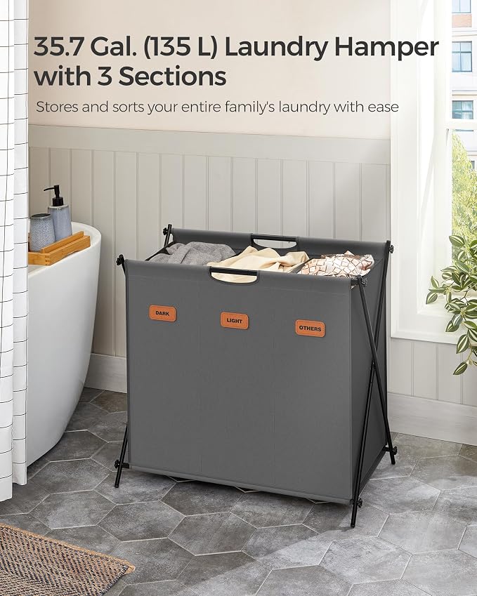 SONGMICS Laundry Hamper, Laundry Basket, 35.7 Gal. Laundry Sorter 3 Sections - Image 3