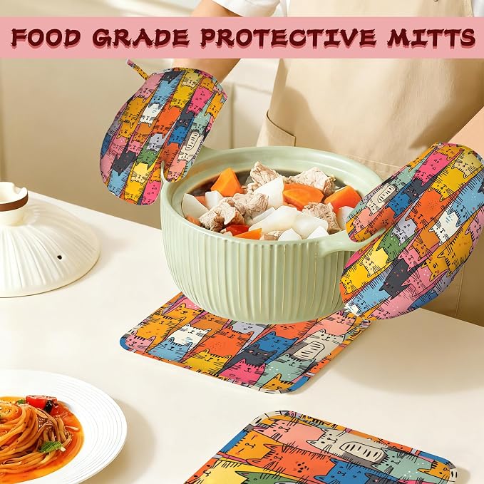 Funny Cat Oven Mitts and Pot Holders 4 Piece Set, Heat-Resistant Silicone Extra - Image 7