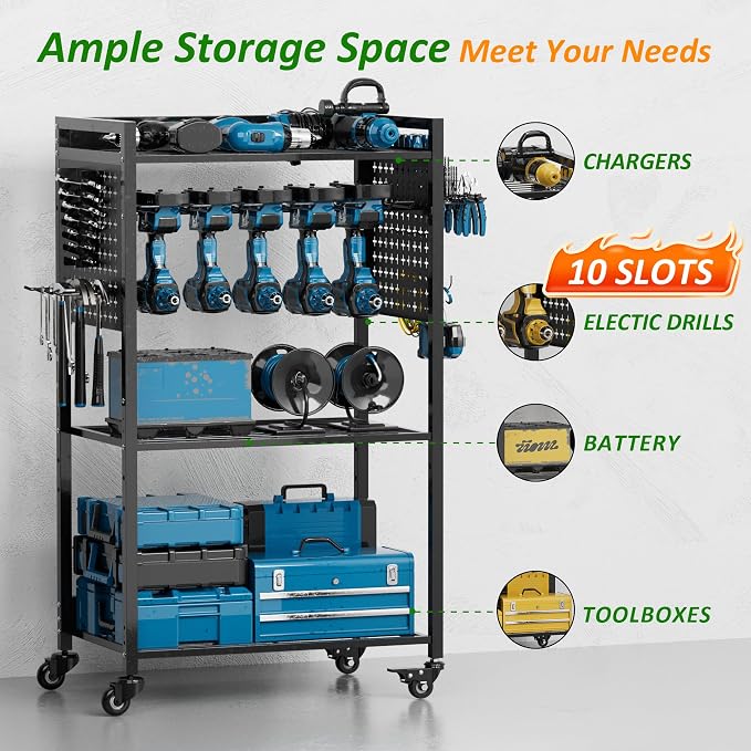 Power Tool Organizer Cart, Rolling Tool Drills Holders Storage Rack on Wheels - Image 2