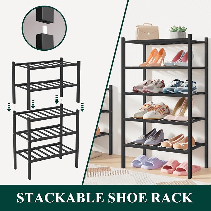 Smiry Bamboo Shoe Rack for Closet, 6 Tier Small Wooden Stackable Shoe Organizer - Image 3