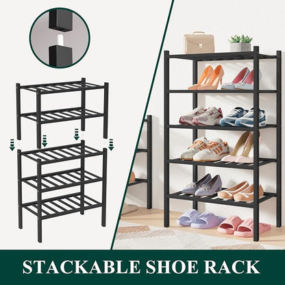 Smiry Bamboo Shoe Rack for Closet, 6 Tier Small Wooden Stackable Shoe Organizer - Image 3