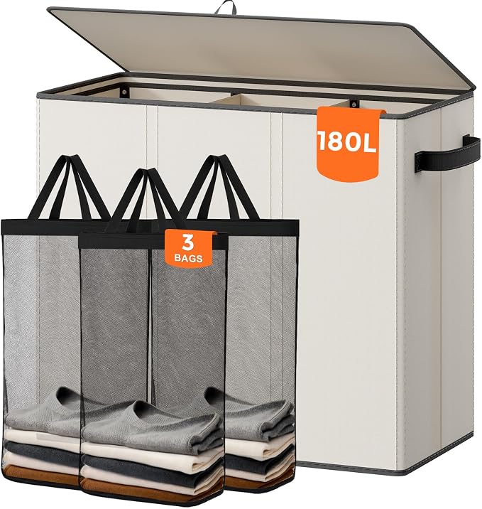 180L Laundry Hamper 3 Section, Large Laundry Basket by Optish