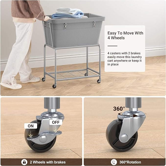 ELYKEN Laundry Cart with Wheels, Rolling Laundry Hamper with Removable Bag and - Image 4