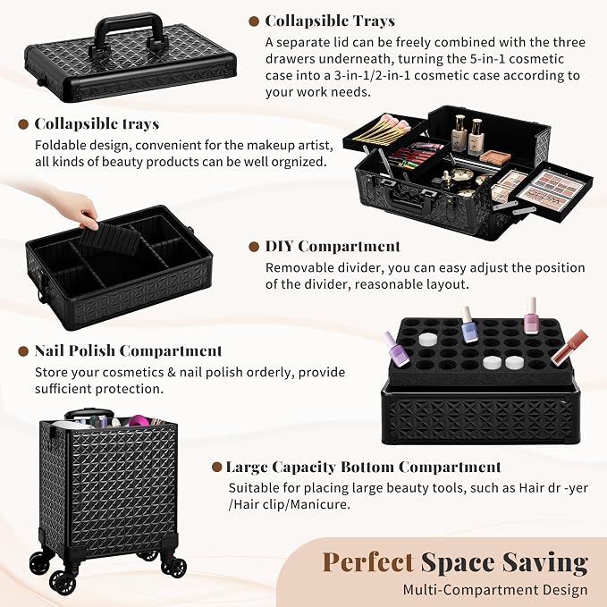 AROUS 5 in 1 Rolling Makeup Train Case Cosmetology Case on Wheels Large - Image 7