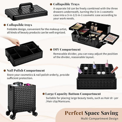 AROUS 5 in 1 Rolling Makeup Train Case Cosmetology Case on Wheels Large - Image 7