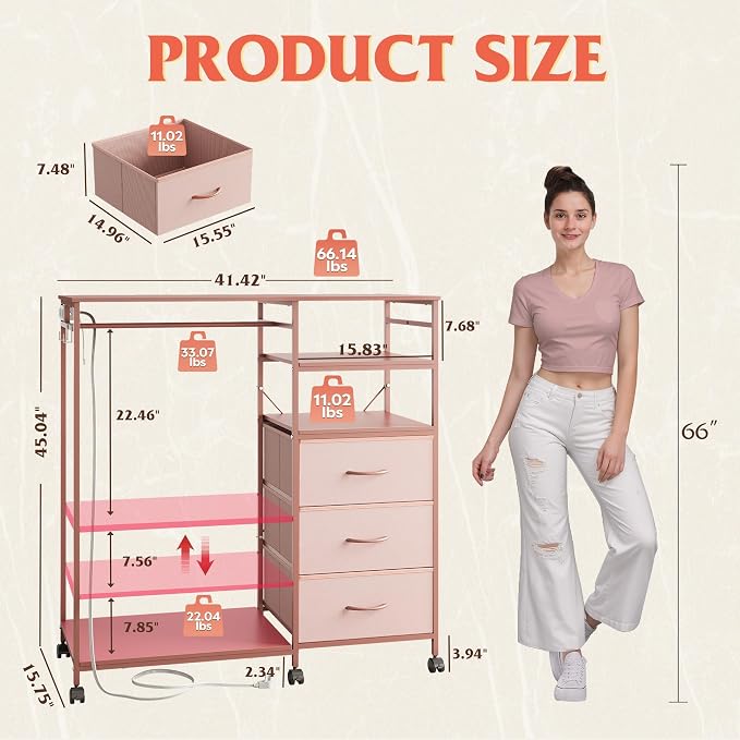 WLIVE Pink Dresser with Hanging Rack - Image 2