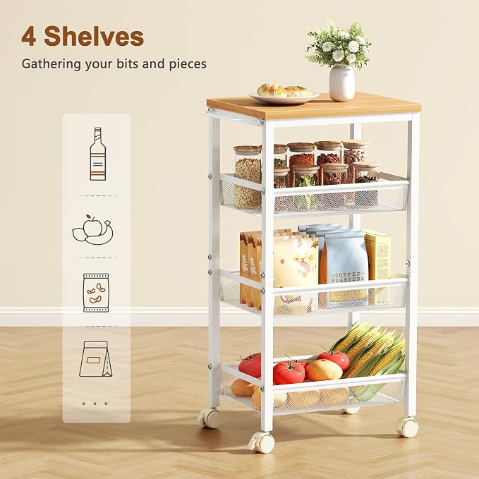 Hoctieon Rolling Storage Cart, 4-Tier Wide Panel Rolling Kitchen Storage Cart - Image 2