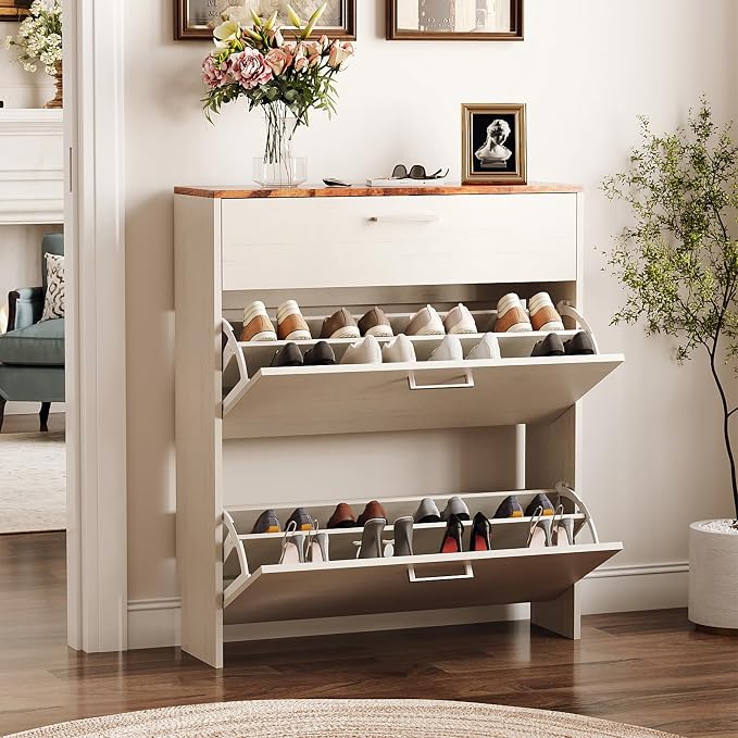 VINGLI Set of 2 Rustic White Shoe Cabinet - Image 3