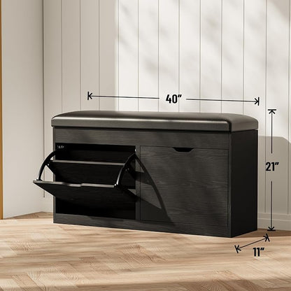 40" Shoe Storage Bench with Flip Drawers Padded Seat Cushion, Shoe Cabinet with - Image 2